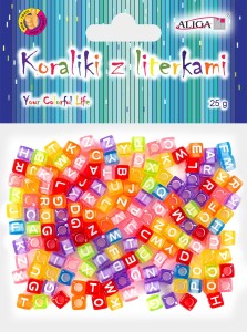 Koraliki plastikowe literki kolorowe 6x6 mm 25g, Aliga