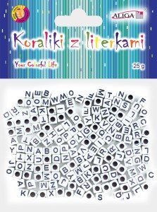 Koraliki plastikowe literki na białym tle 6x6 mm 25g, Aliga