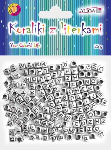 Koraliki metalowe srebrne literki 6x6 mm 25g, Aliga