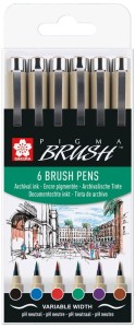 Pisaki pędzelkowe Sakura Pigma Brush komplet 6 kolorów