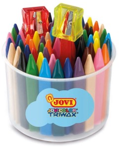 Kredki świecowe trójkątne 72 sztuki w pudełki + temperówka Jovi