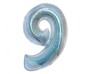 Balon foliowy Cyfra 9 holograficzny srebrny 76 cm, GoDan