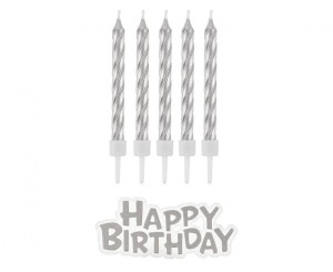 Świeczki urodzinowe srebrne Happy Birthday 16 sztuk B&C, GoDan