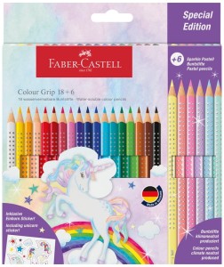 Kredki ołówkowe Faber Castell Unicorn 18 kolorów Grip 2001 + 6 kredek Sparkle pastelowych, Faber Castell