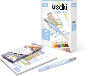 Zestaw plastyczny akwarelowy Kredki, Pędzelek wodny, Bloczek, Pentel