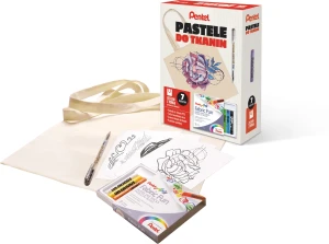 Zestaw plastyczny Pastele do tkanin 7 kolorów z torbą + szablony i długopis do tkanin, Pentel