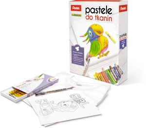 Zestaw plastyczny Pastele do tkanin 15 kolorów z koszulką + szablony i długopis do tkanin, Pentel