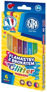 Flamastry brokatowe okrągłe 6 kolorów, Astra