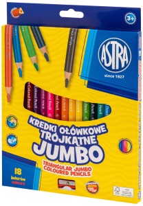 Kredki ołówkowe grube 18 kolorów trójkątne Jumbo z temperówką, Astra