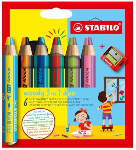Kredki grube Stabilo Woody dwukolorowe 6 sztuk 3w1 + temperówka