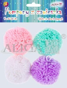 Pompony kolorowe z zawieszką 6 cm 4 sztuki, Aliga