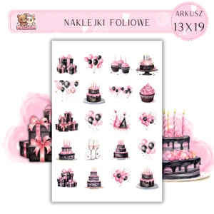 Naklejki Foliowe Czarno Różowe Urodziny 13x19, Madam
