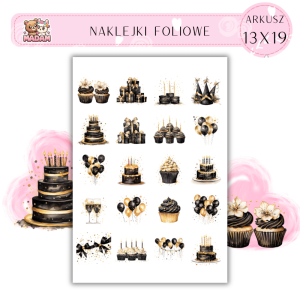 Naklejki Foliowe Czarno Złota Impreza Urodziny 13x19, Madam