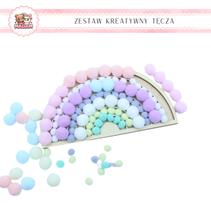 Zestaw kreatywny Drewniana Tęcza 20 cm + Pompony 180 sztuk, MaDam