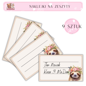 Naklejki do opisywania na zeszyty Leniwiec 9 sztuk, MaDam