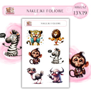 Naklejki foliowe Zwierzęta Safari 6 sztuk na arkuszu, MaDam