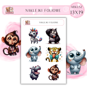 Naklejki foliowe Zwierzęta Safari 6 sztuk na arkuszu, MaDam