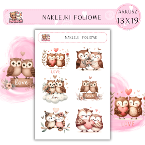 Naklejki foliowe Sowy Love 6 sztuk na arkuszu, MaDam
