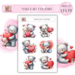 Naklejki foliowe Misie Love 6 sztuk na arkuszu, MaDam