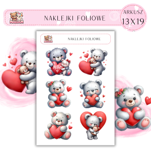 Naklejki foliowe Misie Love 6 sztuk na arkuszu, MaDam