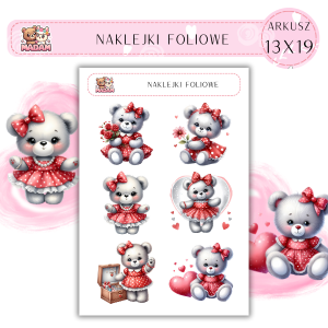Naklejki foliowe Misie Love 6 sztuk na arkuszu, MaDam