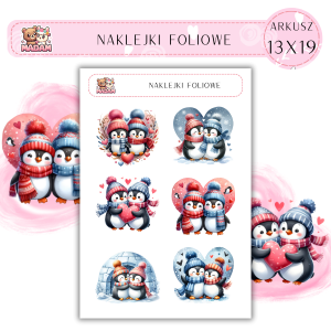 Naklejki foliowe Pingwiny Love 6 sztuk na arkuszu, MaDam