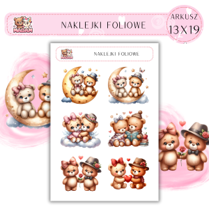 Naklejki foliowe Misie Love 6 sztuk na arkuszu, MaDam