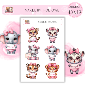 Naklejki foliowe Zwierzęta Baby Shower 6 sztuk na arkuszu, MaDam