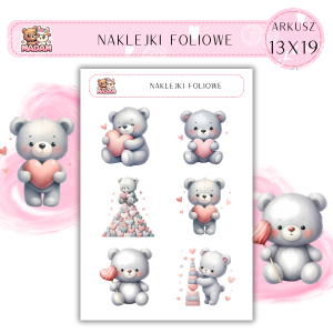 Naklejki foliowe Misie Love 6 sztuk na arkuszu, MaDam