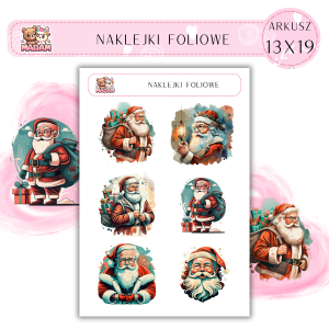 Naklejki foliowe Święty Mikołaj 6 sztuk na arkuszu, MaDam
