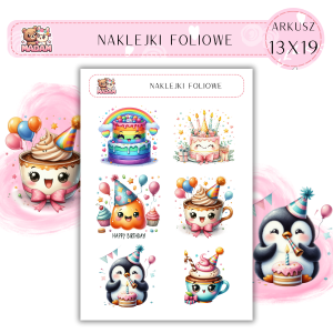 Naklejki foliowe Urodziny 6 sztuk na arkuszu, MaDam