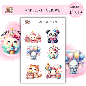 Naklejki foliowe Urodziny 6 sztuk na arkuszu, MaDam