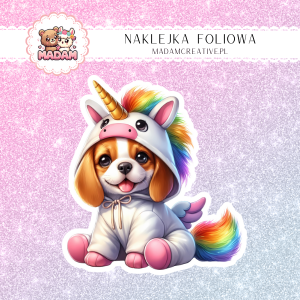 Naklejka foliowa pojedyncza, MaDam Pies Jednorożec Connor Dyrektor Unicorlandii