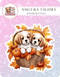Naklejka foliowa pojedyncza, MaDam Jesień Pieski w jesiennym koszyczku.
