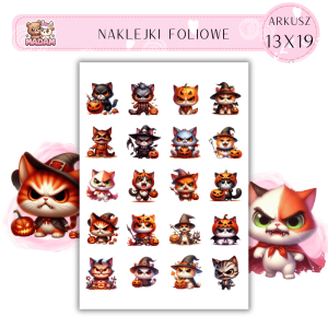 Naklejki Foliowe 13x19, Madam Halloween Halloweenowe Kotki w Kostiumach: Koty na Halloween – przerażająco urocze i gotowe do psikusów!