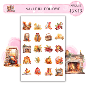 Naklejki Foliowe 13x19, Madam Jesień Kominek i Jesienne Klimaty - Gdzie ciepło otula serce!