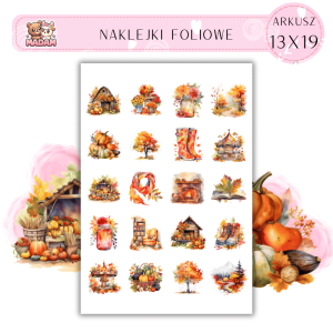 Naklejki Foliowe 13x19, Madam Jesień Jesienne Zbiory i Malownicze Chatki - Dyniowe pola w pełnej krasie!