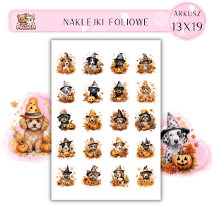 Naklejki Foliowe 13x19, Madam Jesień Psotne Pupile w Dyniowych Czapeczkach - Na Halloween nawet psy mają styl!