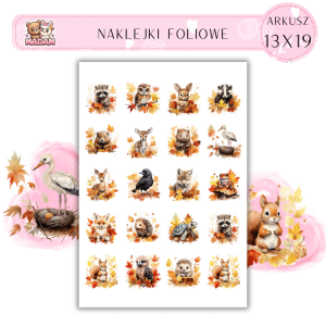 Naklejki Foliowe 13x19, Madam Jesień Jesienne Zwierzątka Bawią się w Chowanego – Spróbuj je znaleźć, zanim liście je ukryją na dobre!