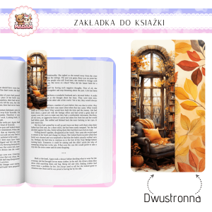 Zakładka do książki tradycyjna dwustronna MaDam Jesień Okno na Jesień Zatrzymaj jesień w książce... nawet jeśli za oknem pada już trzeci tydzień z rzędu.