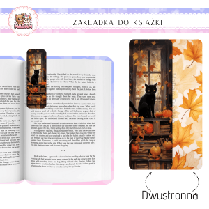 Zakładka do książki tradycyjna dwustronna MaDam Jesień Czarny Kot i Książki - Dla miłośników książek, kotów i... odrobiny magii na każdej stronie.