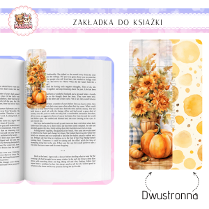 Zakładka do książki tradycyjna dwustronna MaDam Jesień Jesienny Bukiet -Zakładka dla tych, co wiedzą, że nawet książka potrzebuje swojego jesiennego bukietu – liście i dynie w zestawie