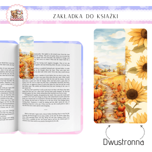 Zakładka do książki tradycyjna dwustronna MaDam Jesień Słoneczny Spacer w Jesieni" - Zakładka, która przypomni Ci, że nawet najsmutniejszy rozdział zyska promyk słońca – słoneczniki gratis!