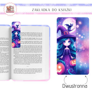 Zakładka do książki tradycyjna dwustronna MaDam Halloween Wiedźma z Książką - Zakładka dla tych, którzy wiedzą, że każda czarownica potrzebuje dobrej lektury przed lataniem na miotle.