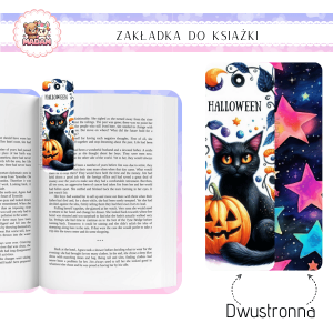 Zakładka do książki tradycyjna dwustronna MaDam Halloween Czarny Kot Halloweenowy - Zakładka dla tych, co nie boją się czarnych kotów... zwłaszcza tych z dyniowymi lampionami!