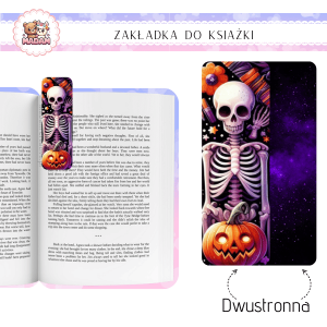 Zakładka do książki tradycyjna dwustronna MaDam Halloween Kościotrup Czytający- Dla tych, co czytają tak długo, aż zamienią się w kościotrupa... no prawie!