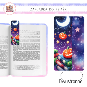 Zakładka do książki tradycyjna dwustronna MaDam Halloween Dynia i Księżyc - Zakładka dla tych, co lubią, gdy dynie mają sekrety do ukrycia w świetle księżyca.