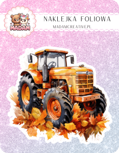 Naklejka foliowa pojedyncza, MaDam Jesień Traktor na Liściach - Maszyna gotowa do jazdy po liściowym morzu.