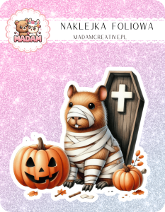 Naklejka foliowa pojedyncza, MaDam Halloween Mumia Pieszczoch - Mumia, która wie, jak pozować z dyniami!