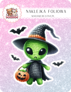 Naklejka foliowa pojedyncza, MaDam Halloween Mały Zielony Czarownik - Kosmita, który zna wszystkie halloweenowe sztuczki!